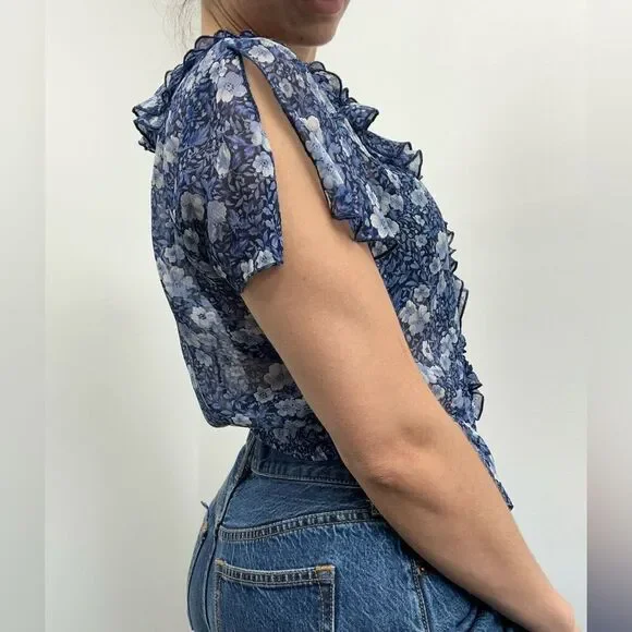 Y2K Oscar De La Renta Blue Floral Ruffle Short Flutter Sleeve Blouse Size 8 - Picture 3 of 14